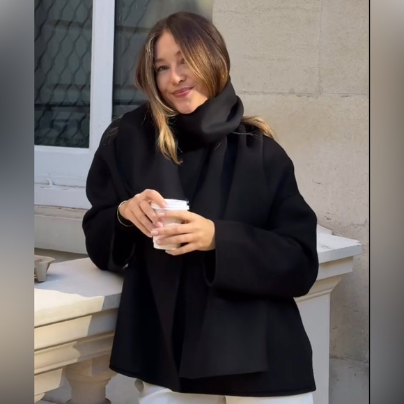 ZARA WOOL BLEND SHORT COAT WITH DETACHABLE SCARF - BLACK - Picture 4 of 17